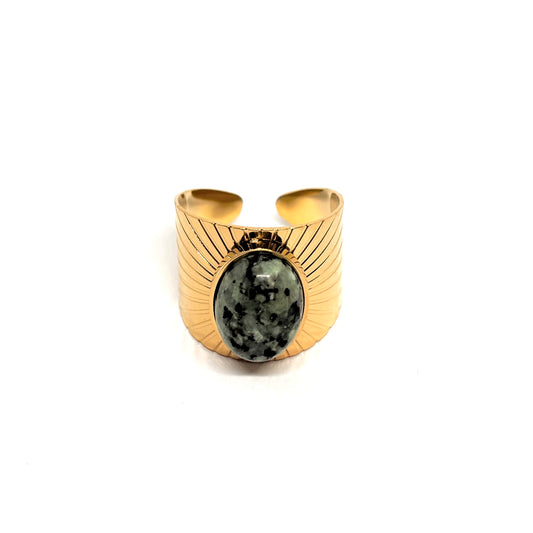 Bague acier doré pierre verte