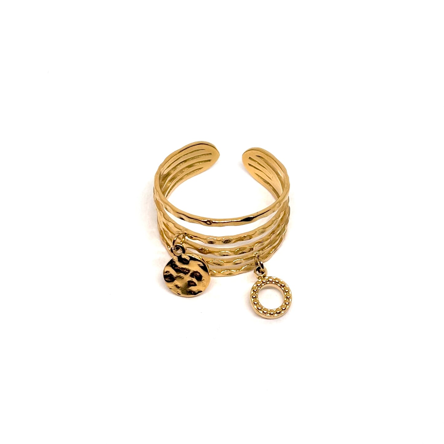 Bague acier doré multi-rangs breloques martelées