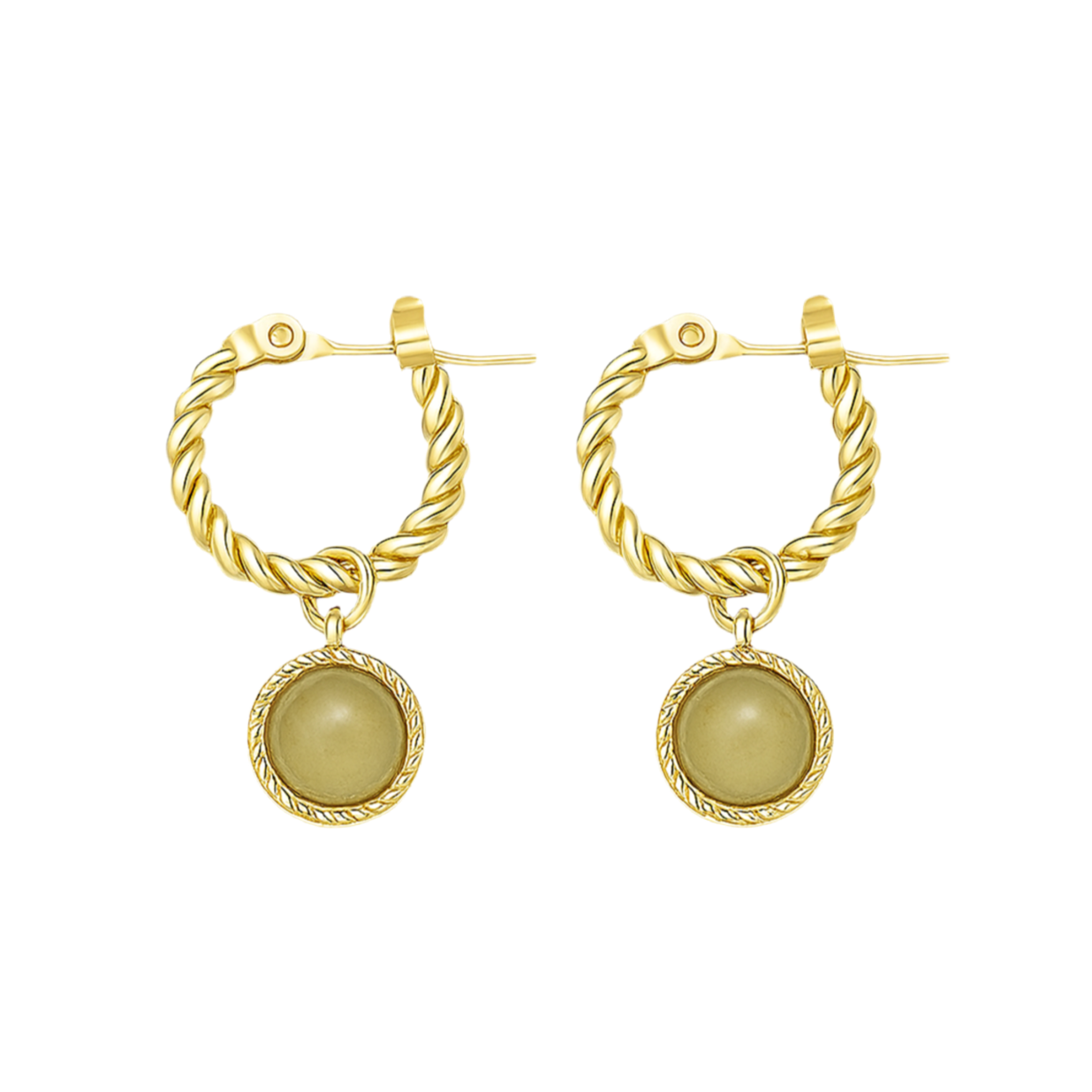 Boucles d'Oreilles Créoles Acier Inoxydable Doré Pierre Verte Torsadées