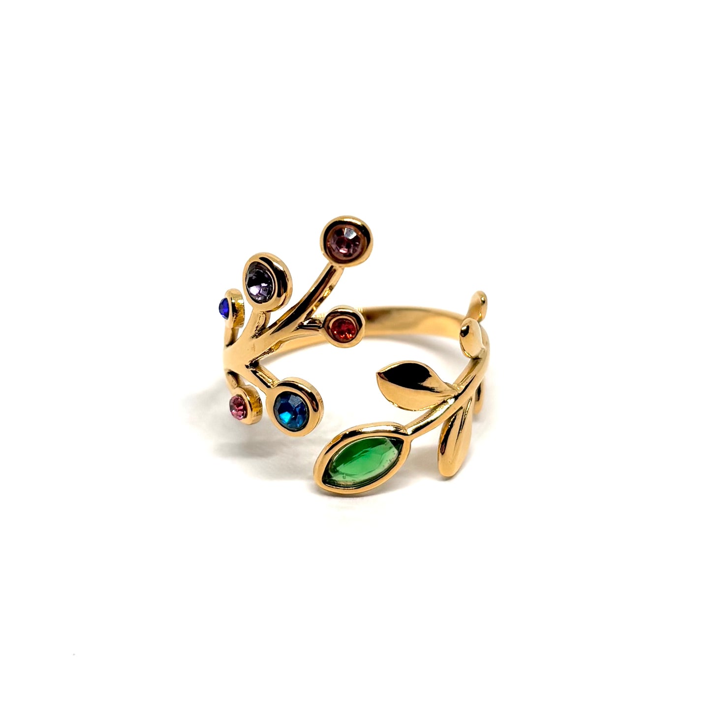Bague acier doré cristaux multicolores branches