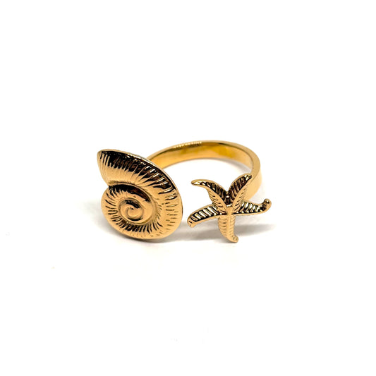 Bague acier doré étoile de mer et coquillage