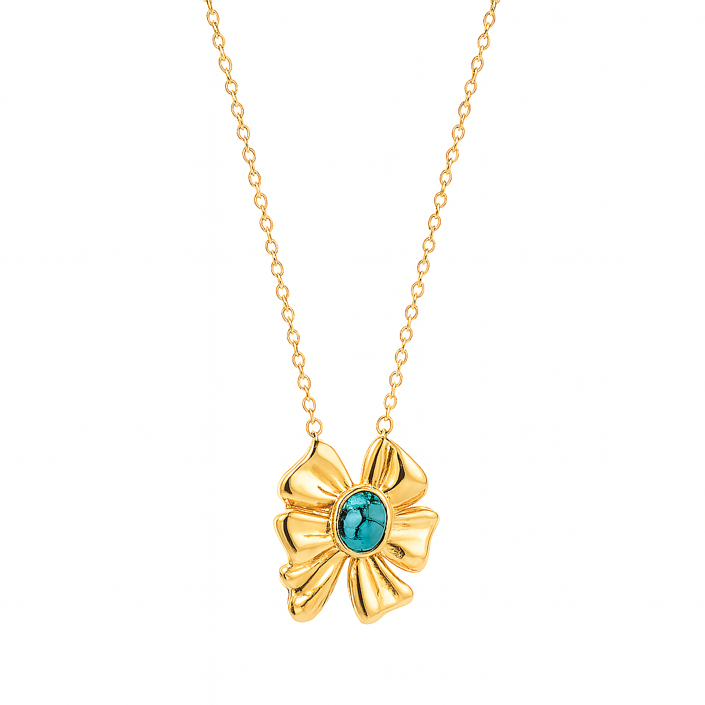 Collier Acier Inoxydable Doré Pendentif Nœud Sculpté Pierre Turquoise