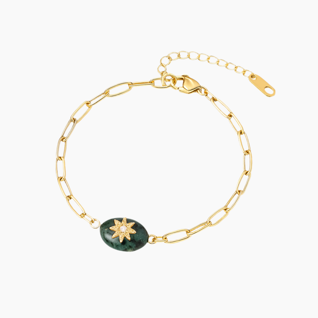 Bracelet Acier Inoxydable Doré Pierre Verte Turquoise & Étoile