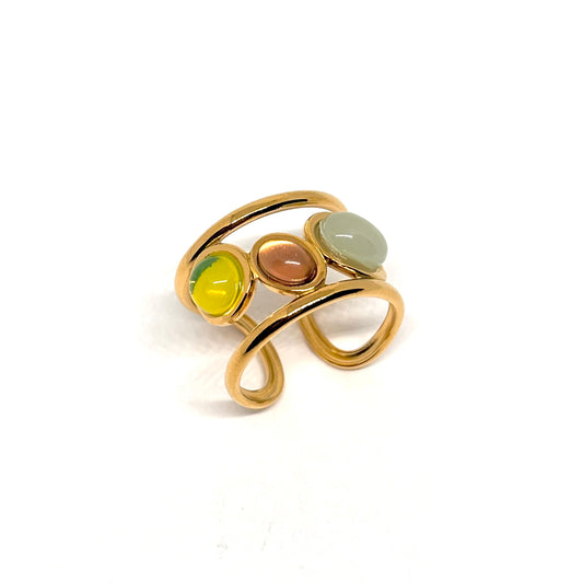 Bague acier doré 3 perles cabochon couleurs