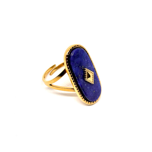 Bague acier doré lapis-lazuli ovale