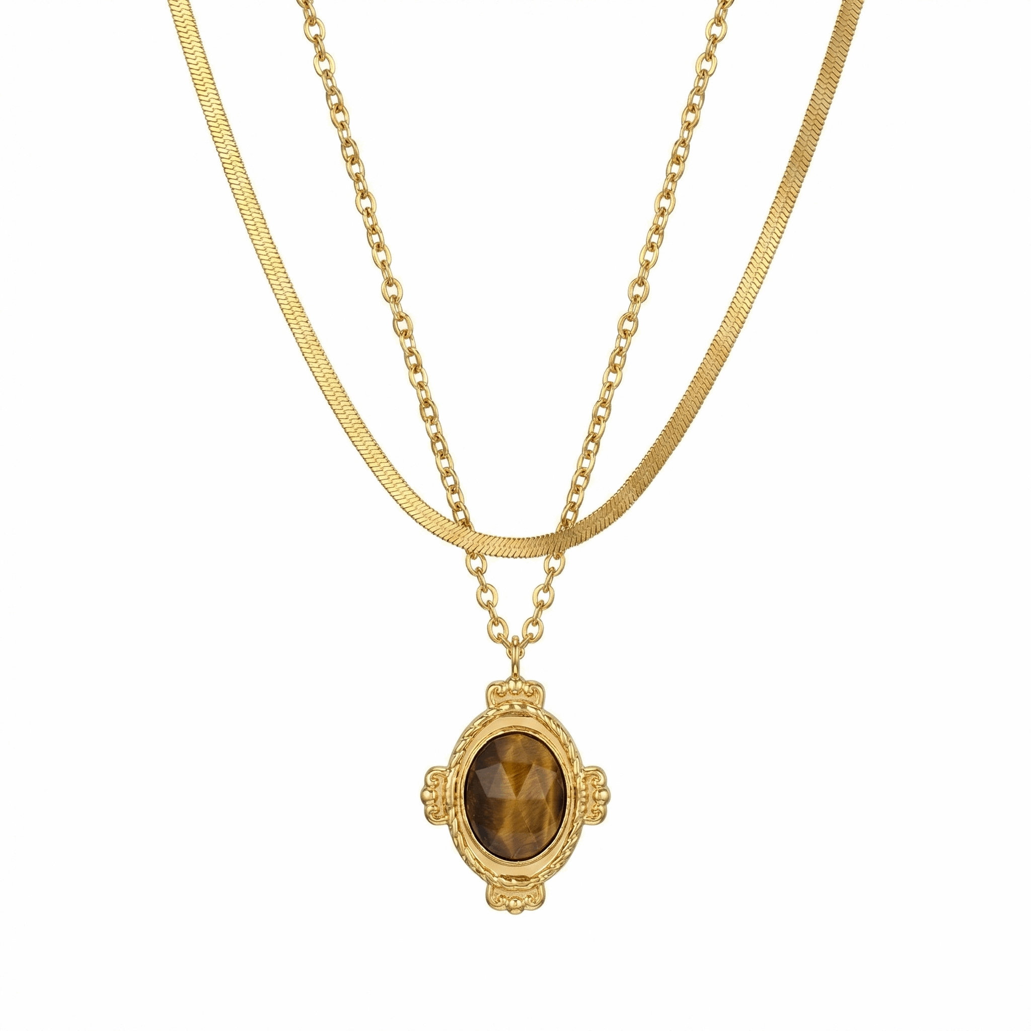 Collier doré double chaîne en acier inoxydable avec pendentif ovale en pierre naturelle
