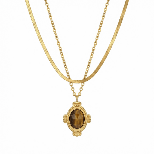 Collier doré double chaîne en acier inoxydable avec pendentif ovale en pierre naturelle
