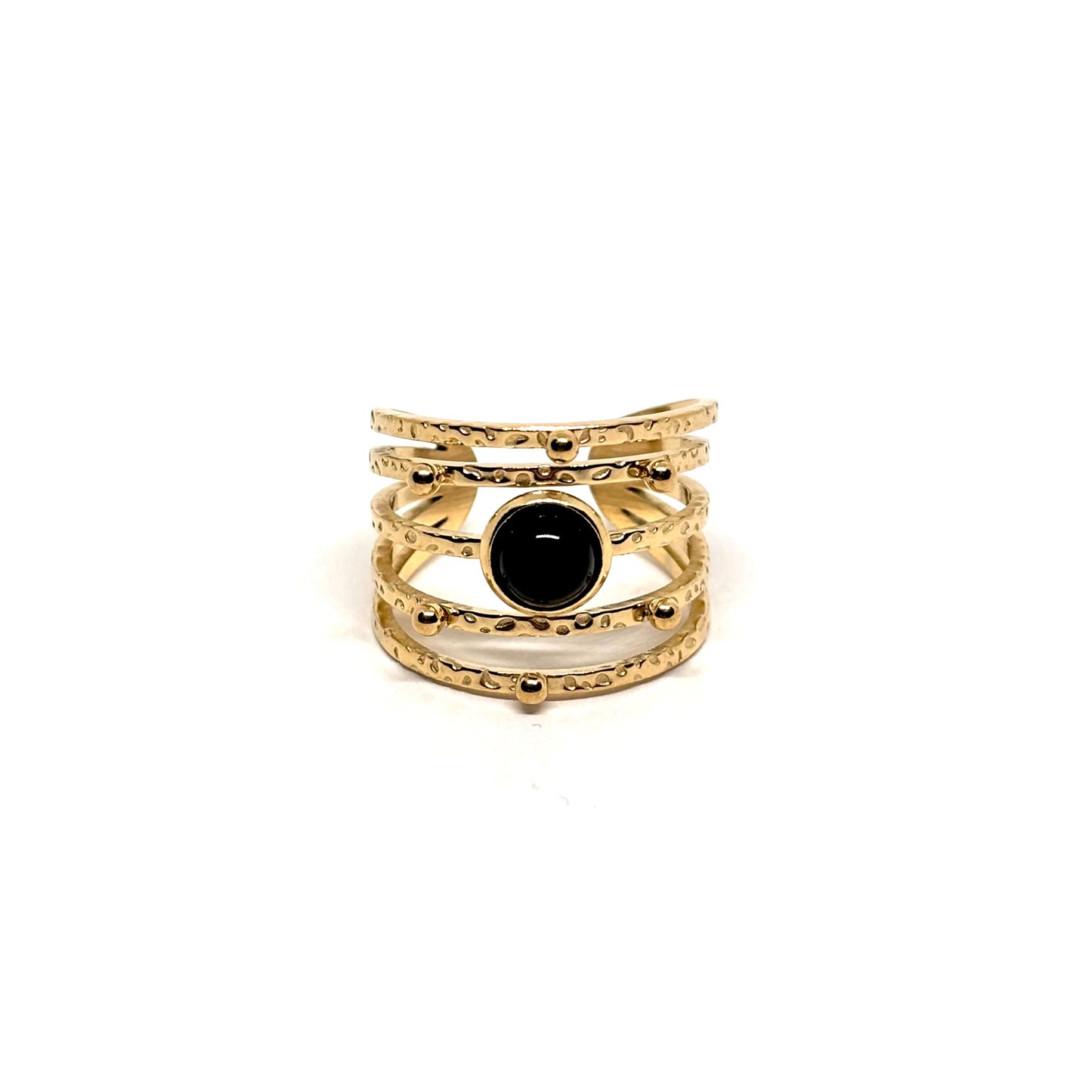 Bague acier doré texture pierre noire