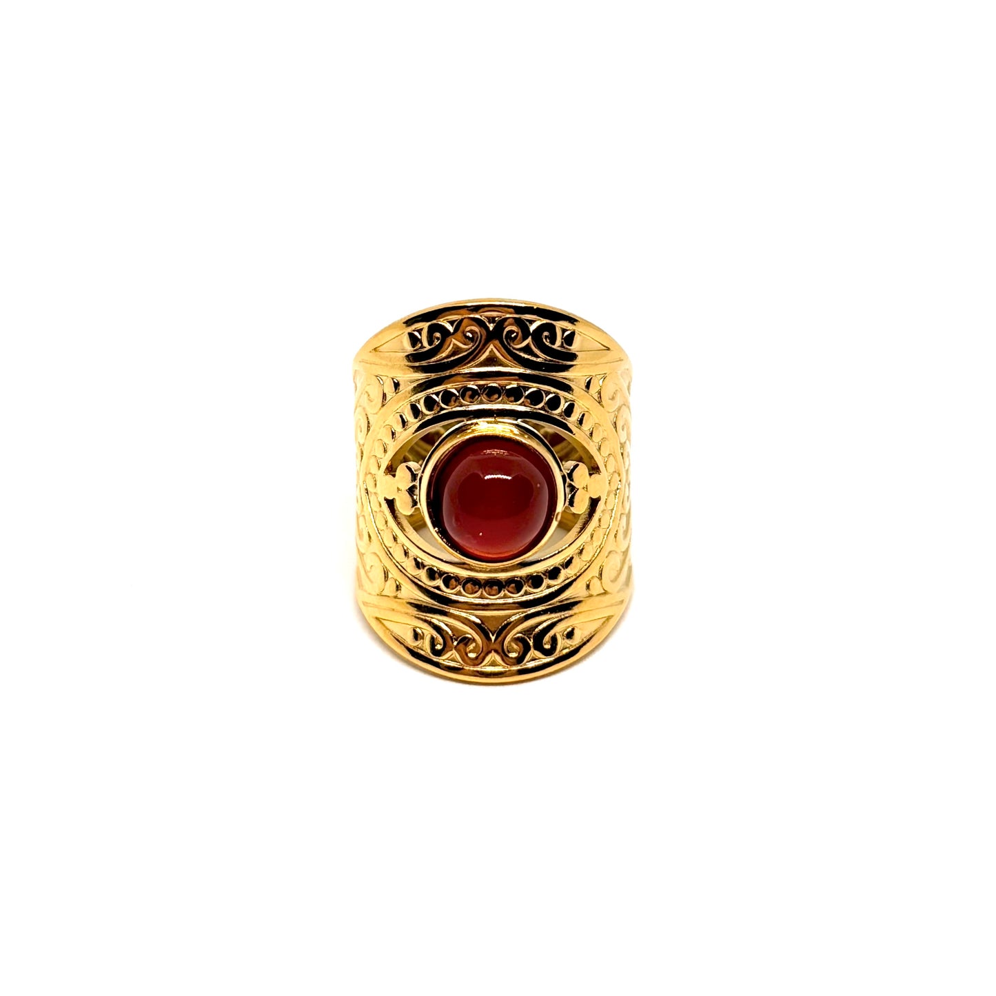 Bague acier doré manchette agate rouge