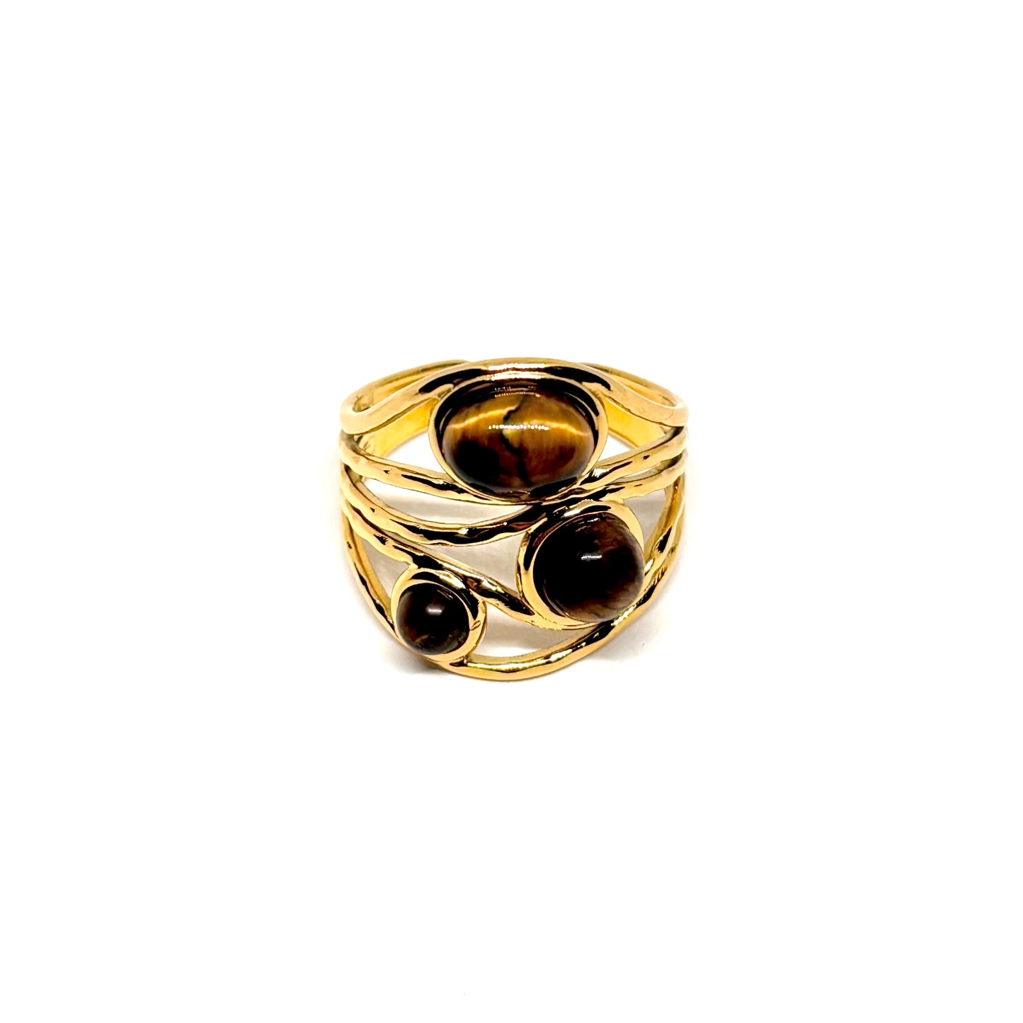 Bague acier doré multi-rangs perles oeil du tigre