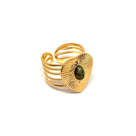 Bague acier doré cœur strié jade