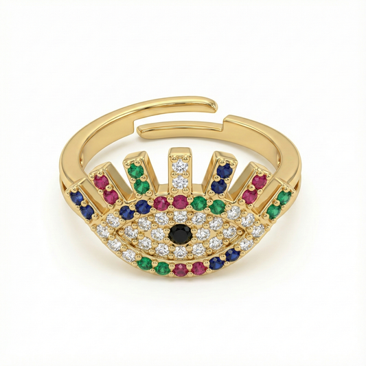 Bague acier inoxydable doré œil protecteur multicolore