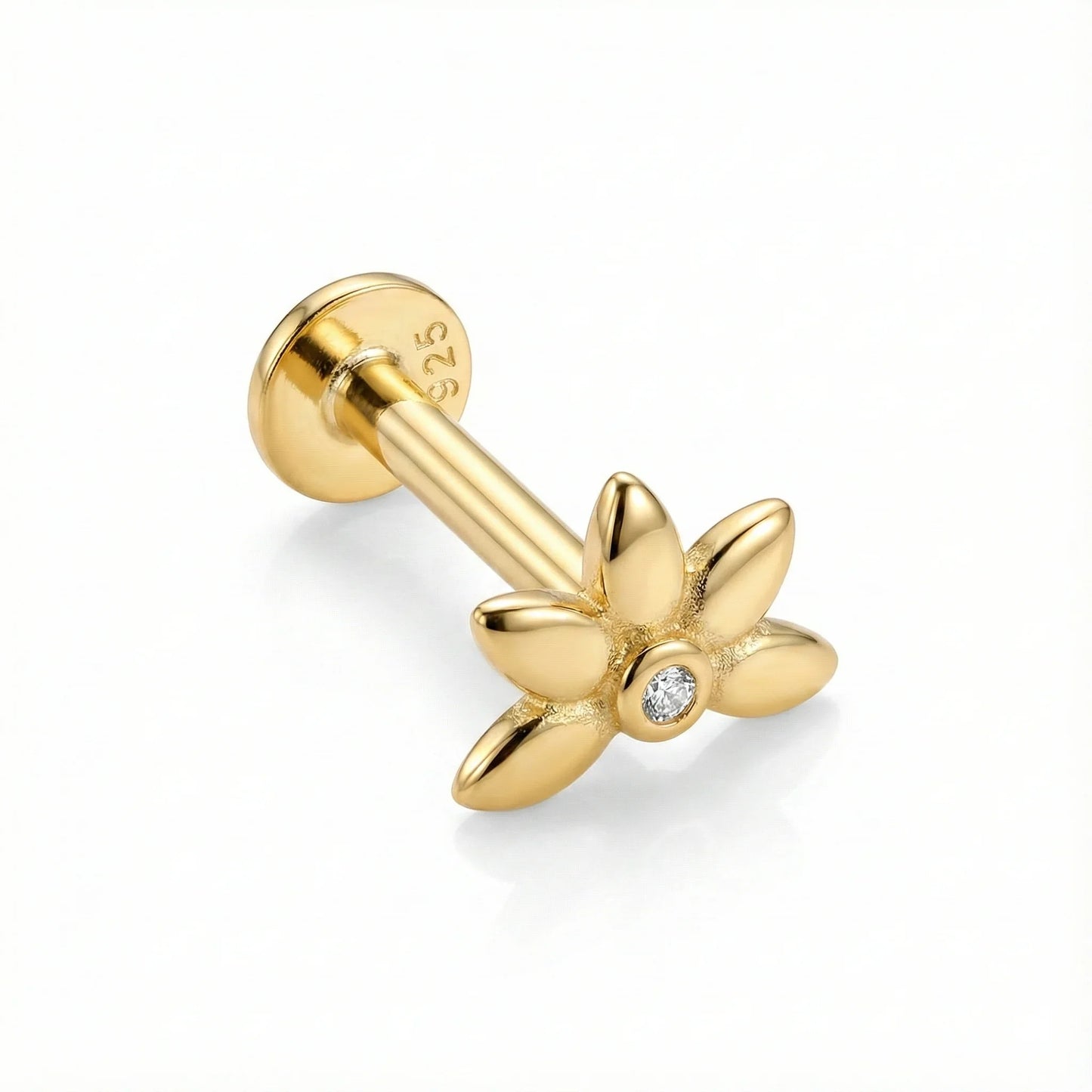 Boucle d’oreille unique argent 925 doré à l’or 18k fleur 5 pétales zircon – design floral délicat