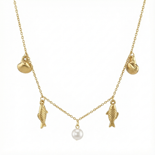 Collier perles et breloques coquillages en acier inoxydable doré