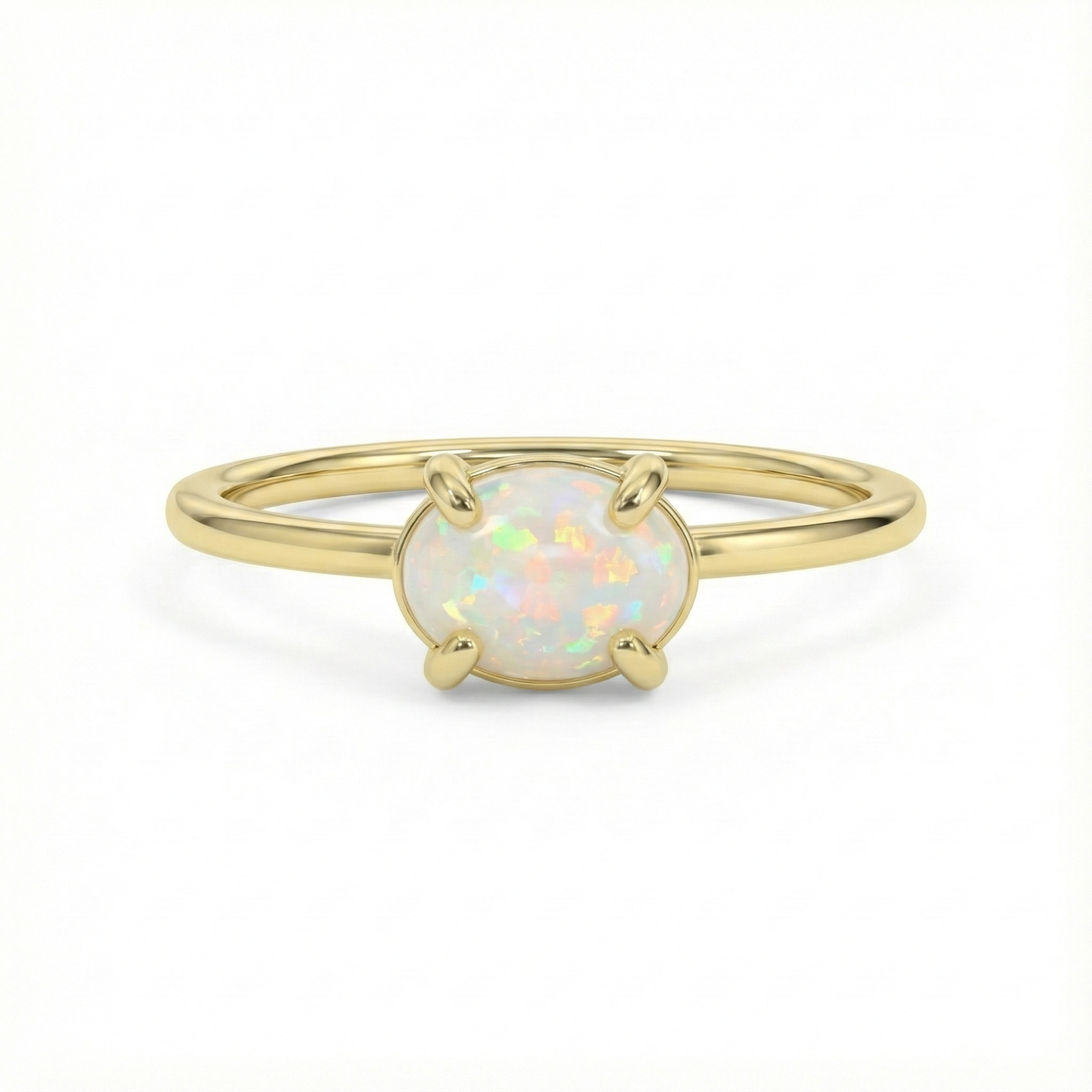 Bague dorée or 18k fine avec pierre opale ovale aux reflets irisés, bijou minimaliste lumineux et élégant