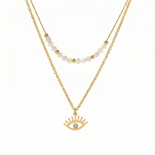 collier acier inoxydable doré double rang œil protecteur vue large