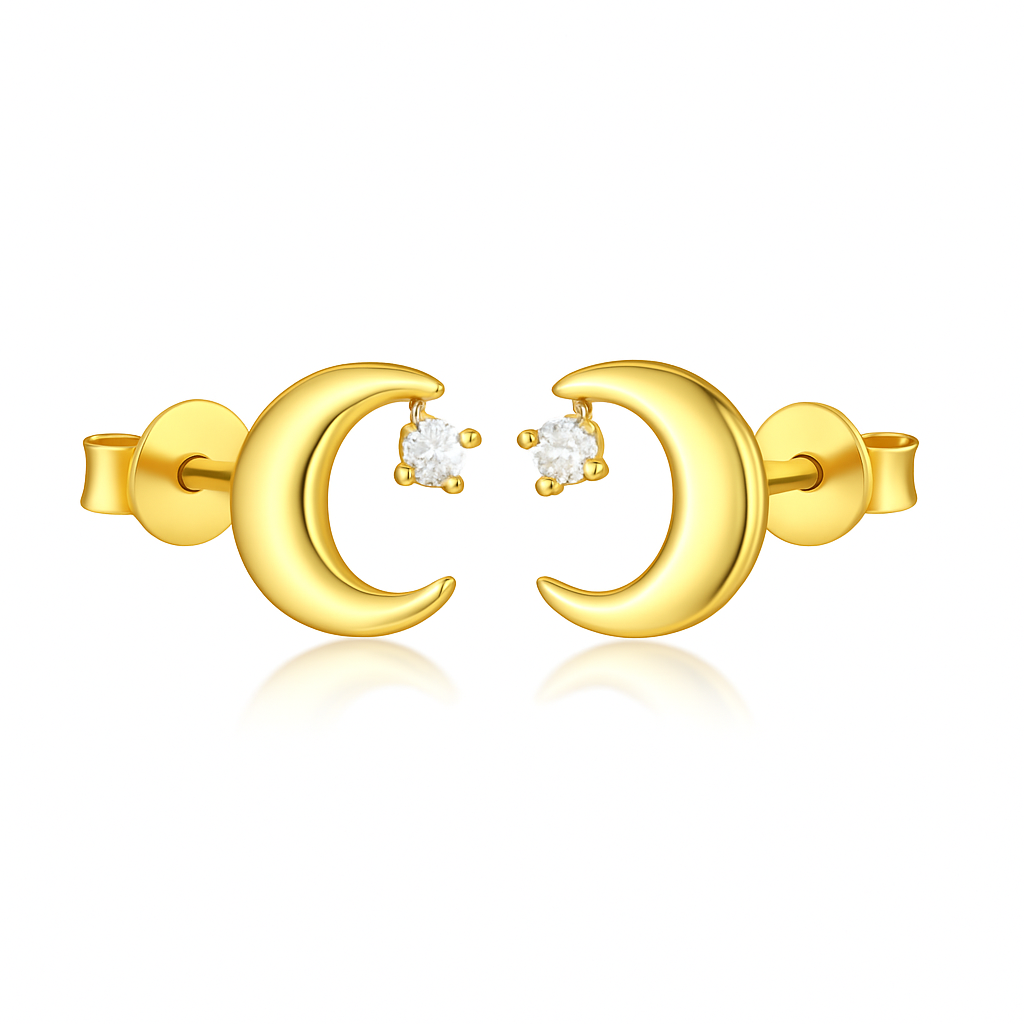 Boucles d'Oreilles Puces Argent 925 doré à l'Or Fin Croissant de Lune Zircon