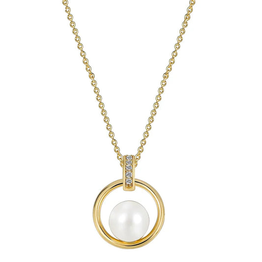 Collier doré or 18k pendentif cercle doré perle blanche