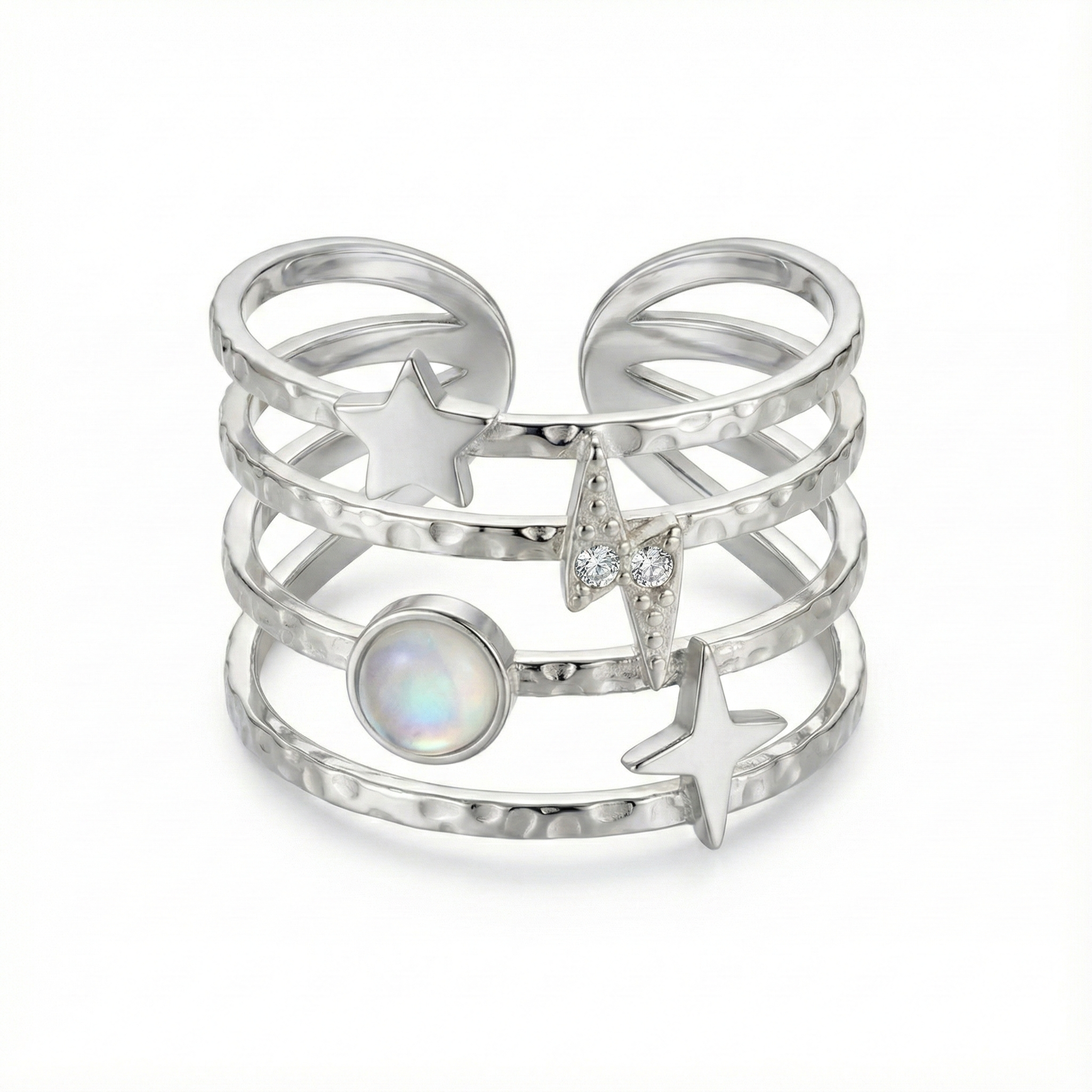 Bague acier inoxydable argent manchette étoile filante nacre