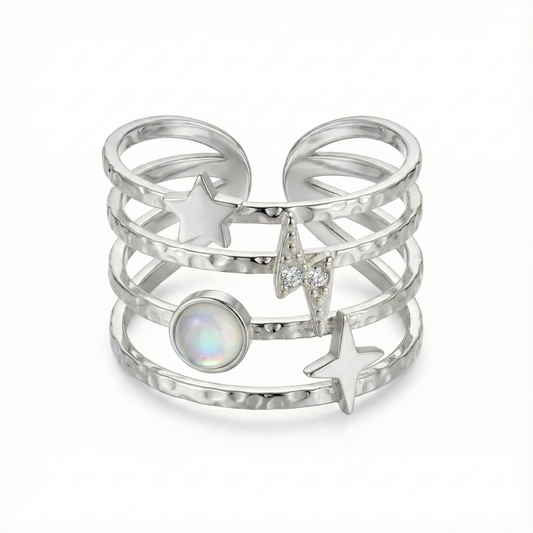 Bague acier inoxydable argent manchette étoile filante nacre