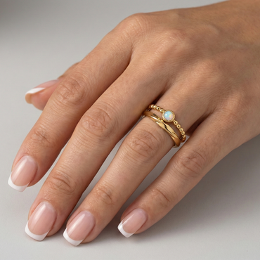 bague acier inoxydable doré duo textures perle amazonite vue large