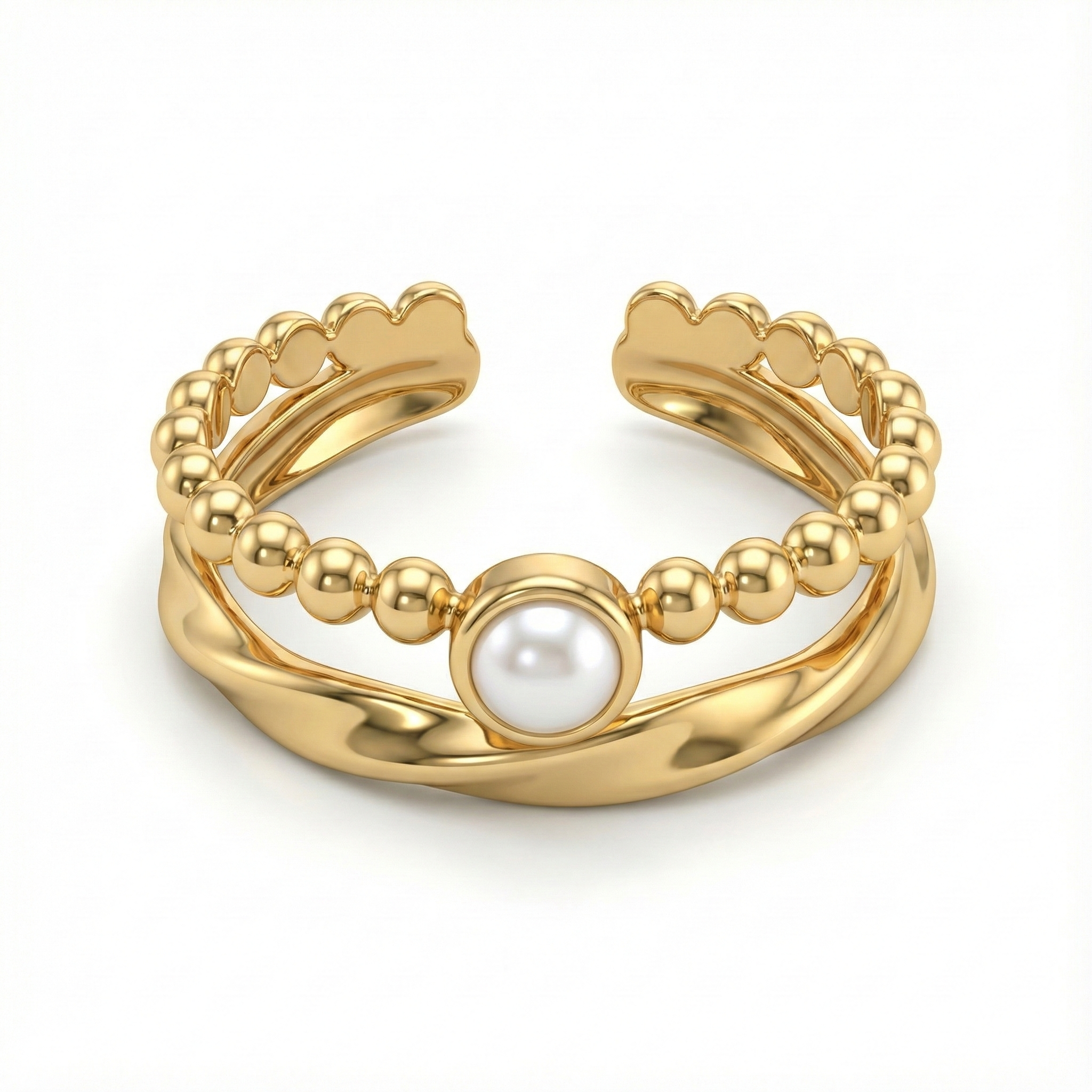 bague acier inoxydable doré duo textures perle amazonite vue large