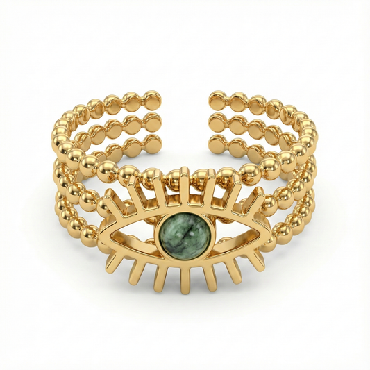 bague acier inoxydable doré œil protecteur pierre verte vue de face