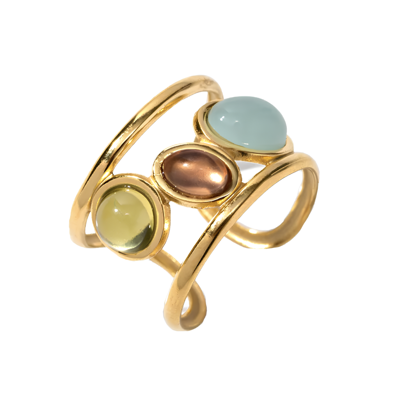 Ajoutez une touche de couleur et d’élégance à votre look avec cette bague dorée multicolore au design audacieux. Sa monture en acier inoxydable doré accueille trois perles lisses aux teintes douces et lumineuses : jaune pastel, bleu ciel, et cuivre. Un bijou original qui attire les regards tout en restant raffiné.
Design : Bague ouverte moderne avec pierres colorées cabochon.