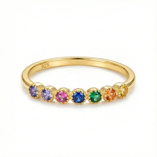 Bague en argent 925 doré à l’or fin sertie de pierres multicolores taille ronde, bijou fin et élégant au design joaillerie