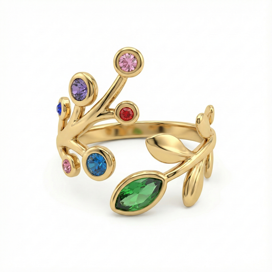 Bague en acier inoxydable couleur doré avec design branches et cristaux multicolores