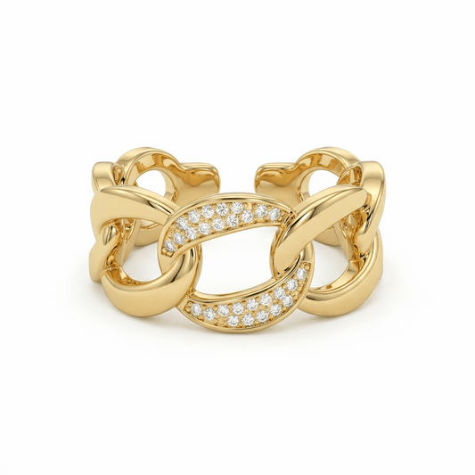 Bague dorée or 18K en forme de chaîne avec zircons, modèle ouvert ajustable.