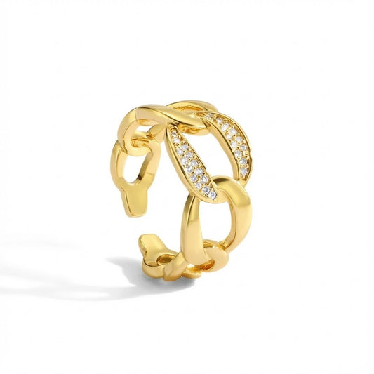 Bague dorée or 18K en forme de chaîne avec zircons, modèle ouvert ajustable.
