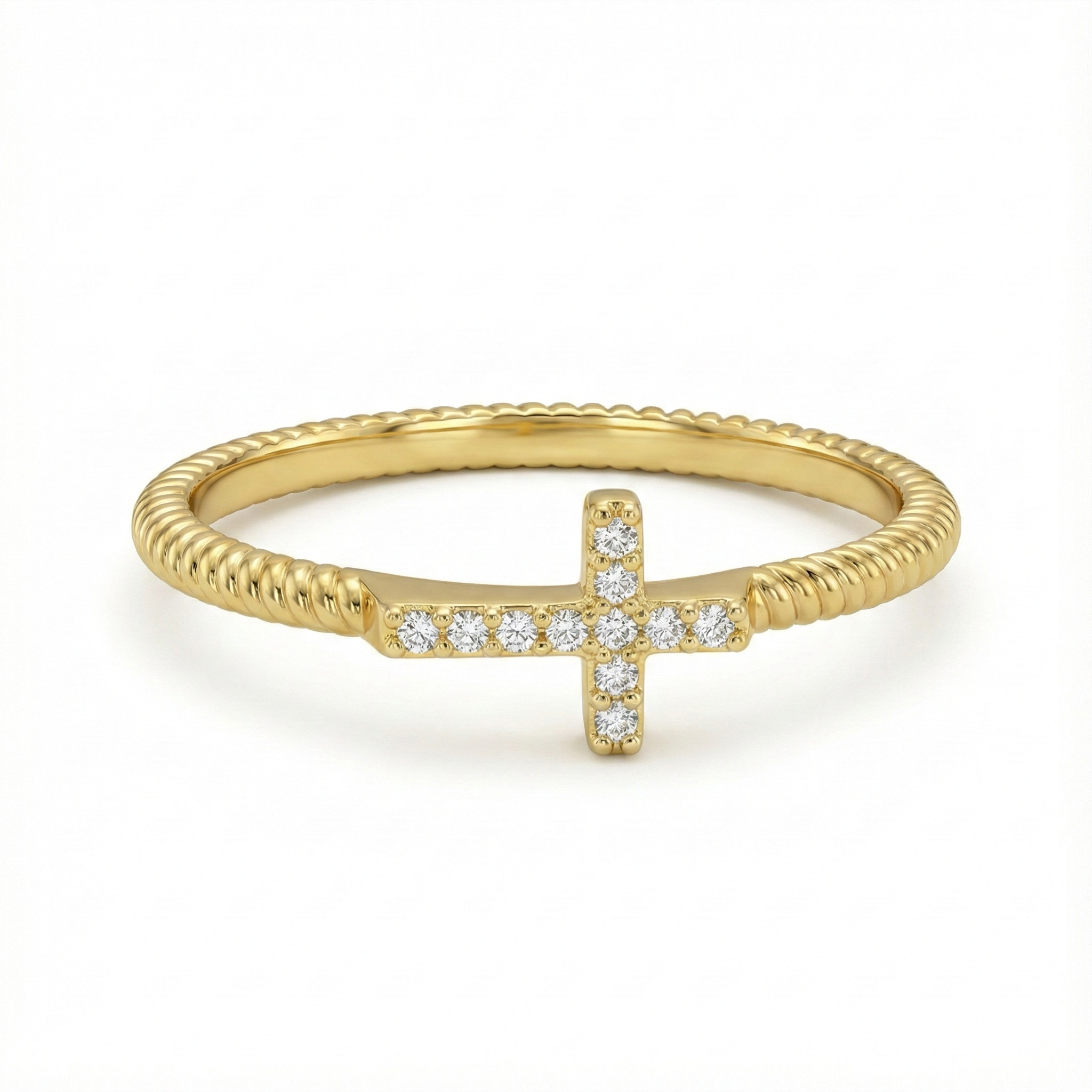 Bague croix dorée or 18k avec croix horizontale sertie de zircons blancs et anneau fin torsadé, bijou symbolique élégant