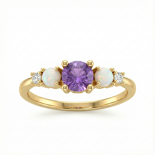 Bague doré à l’or 18k avec pierre violette, opales et zircons