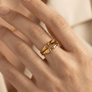 Bague ouverte dorée 18K en acier inoxydable avec pierre œil-de-tigre et zircon blanc