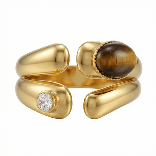 Bague ouverte dorée 18K en acier inoxydable avec pierre œil-de-tigre et zircon blanc