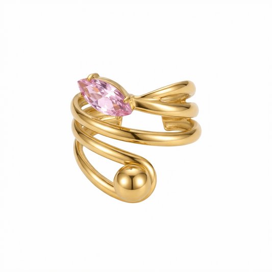Bague dorée en acier inoxydable ajustable avec pierre rose facettée
