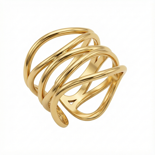 Bague large acier doré croisée ajustable