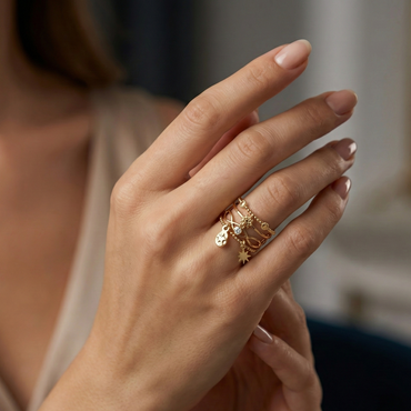 Bague dorée multi-rangs avec étoiles et cristaux scintillants