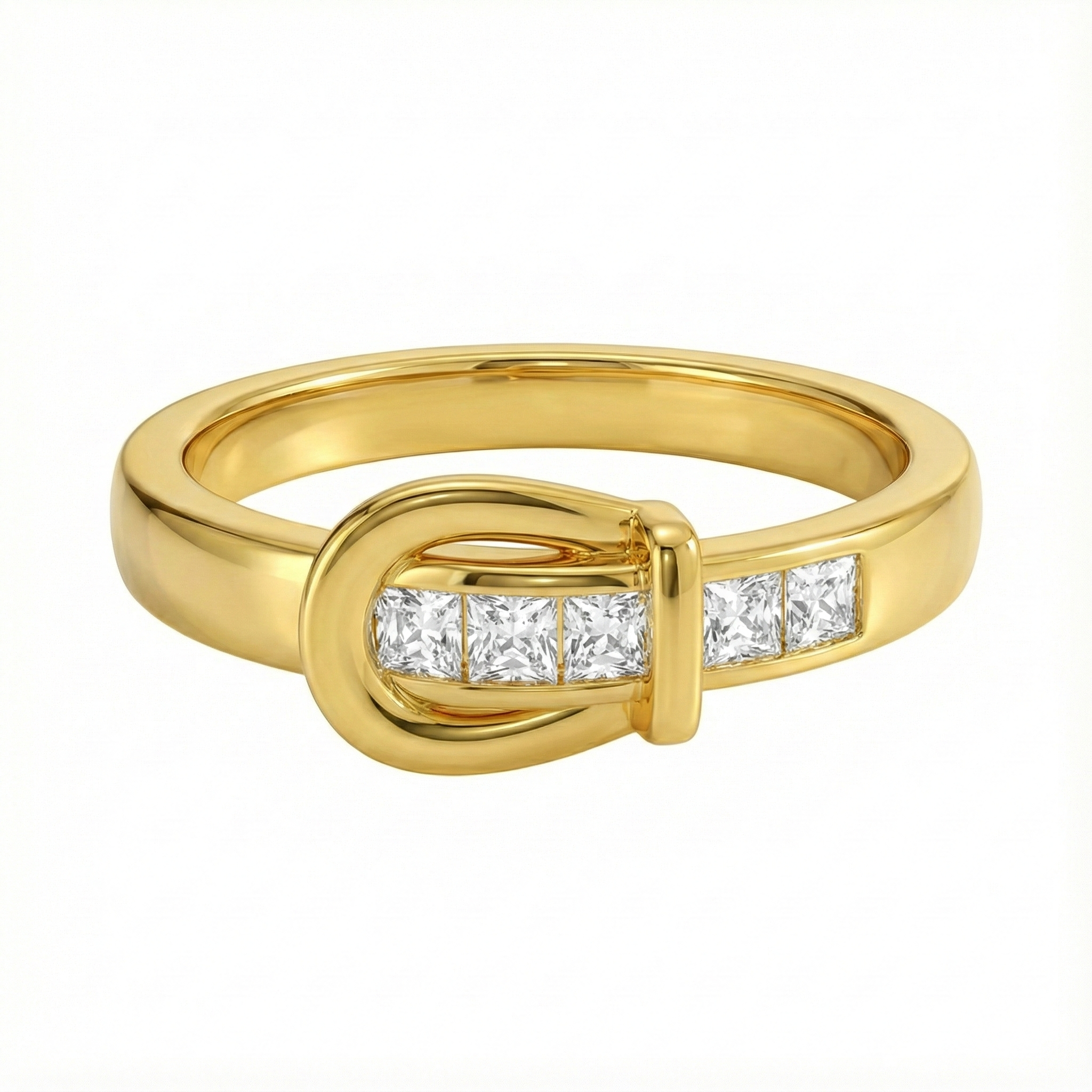 Bague dorée or 18k motif ceinture avec boucle mobile articulée et zircons blancs sertis, bijou contemporain et graphique