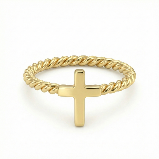 Bague dorée or 18k avec croix lisse horizontale et anneau torsadé