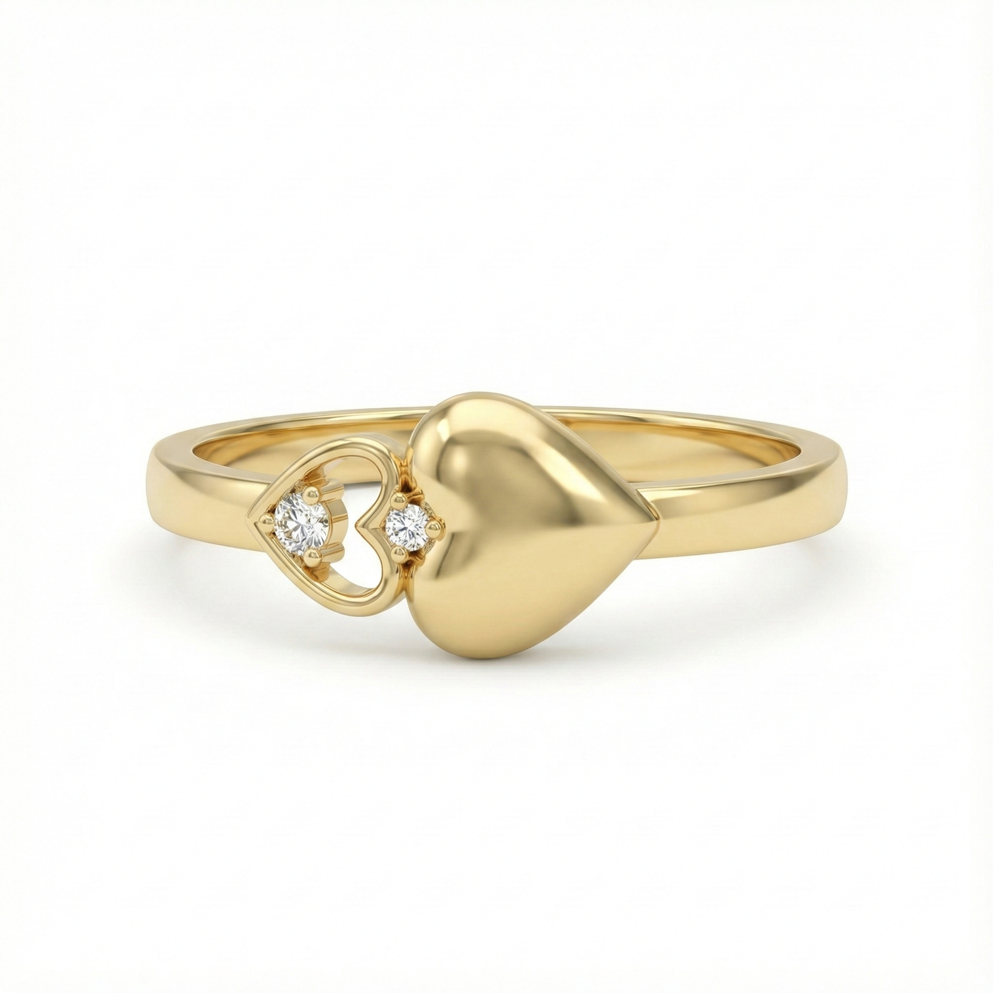 Bague dorée or 18k avec motif double cœur, cœur satiné et cœur ajouré serti de zircons blancs, bijou romantique et élégant