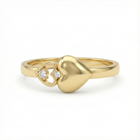 Bague dorée or 18k avec motif double cœur, cœur satiné et cœur ajouré serti de zircons blancs, bijou romantique et élégant