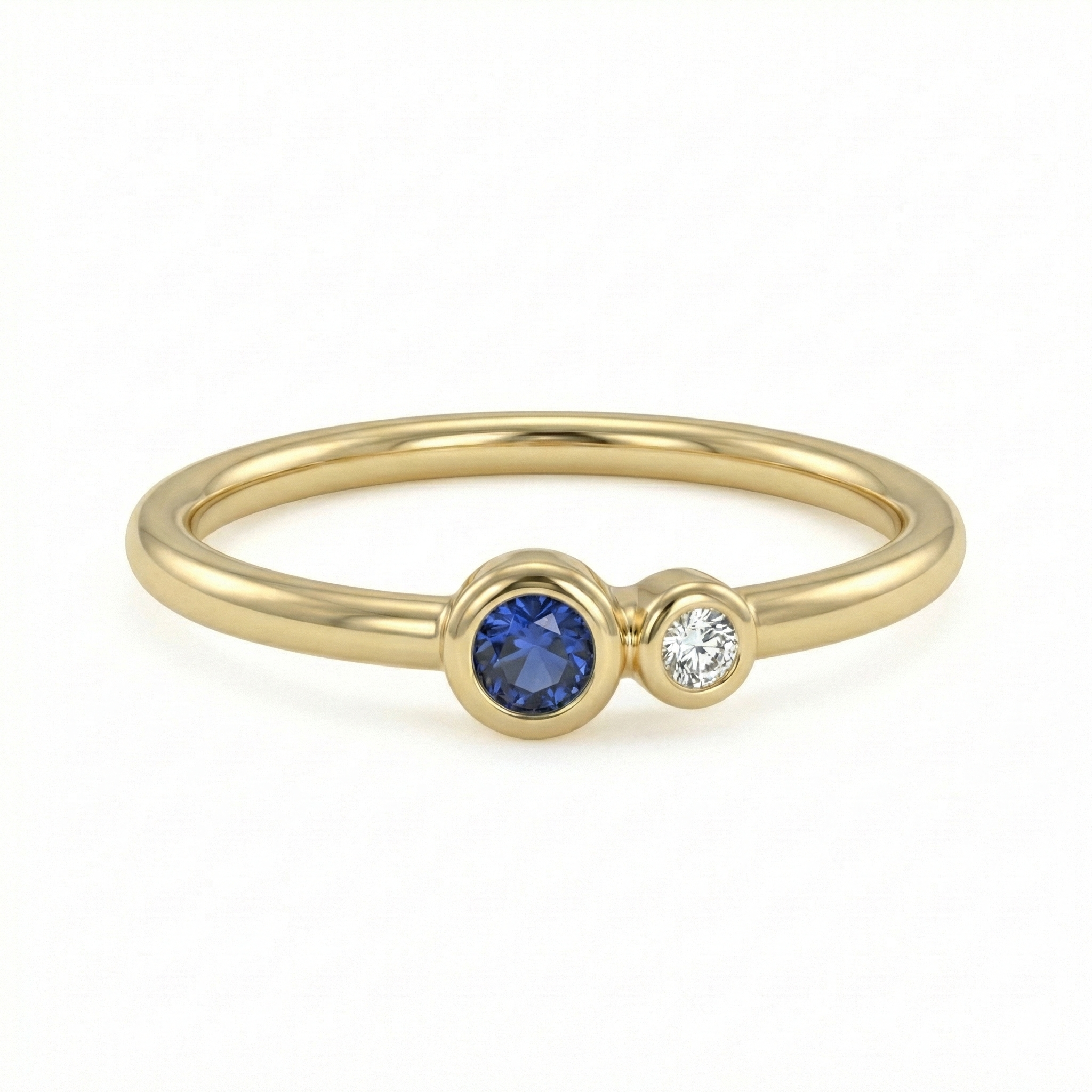 Bague dorée or 18k fine avec pierre bleue ronde et zircon blanc décentrés