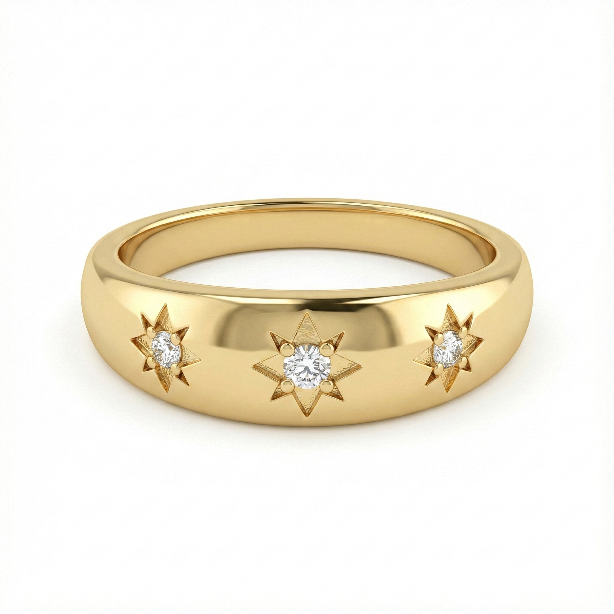 Bague dorée or 18k avec étoiles gravées à huit branches et strass scintillants, bijou astral minimaliste et élégant