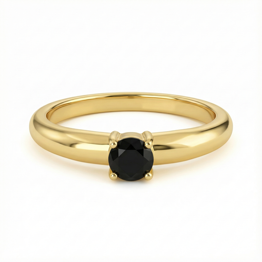 Bague dorée or 18k fine avec pierre noire ronde facettée sertie en solitaire, bijou minimaliste élégant et moderne