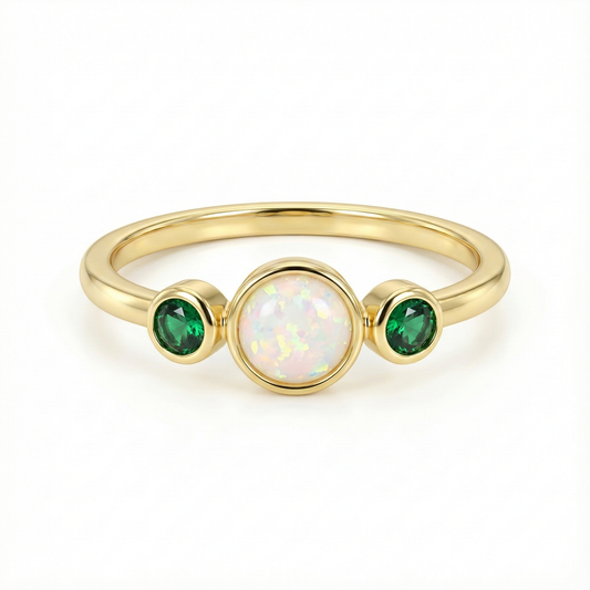 Bague dorée or 18k avec opale blanche et zircons verts