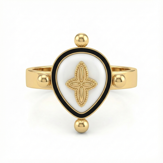 Bague fleur nacrée en acier inoxydable doré avec plateau ovale