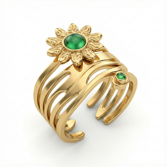 Bague fleur solaire en acier inoxydable doré avec pierre verte lisse et cristaux verts facettés, design organique et symbolique