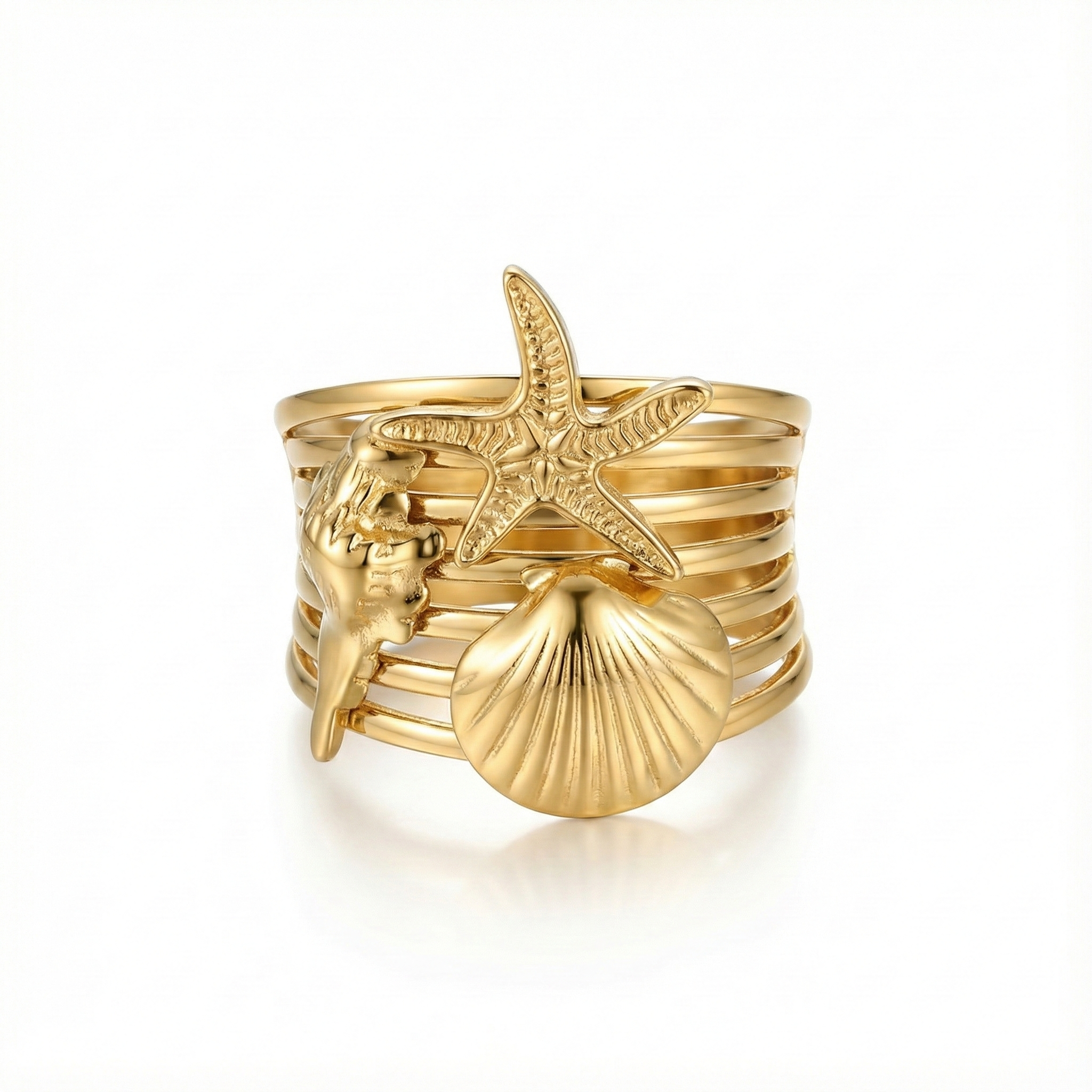 Bague large multi-rangs illusion accumulation : motifs étoile de mer et coquillages en acier inoxydable doré.